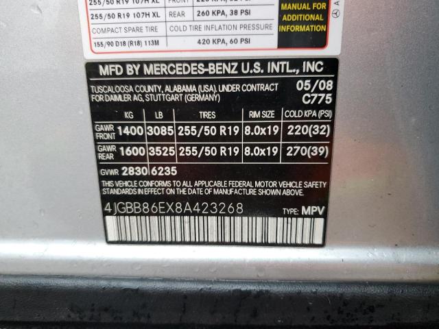 4JGBB86EX8A423268 - 2008 MERCEDES-BENZ ML 350 SILVER photo 13