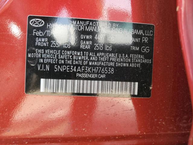 5NPE34AF3KH776538 - 2019 HYUNDAI SONATA LIMITED RED photo 13