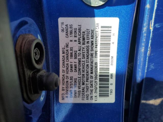 2HGFC2F59GH553639 - 2016 HONDA CIVIC LX BLUE photo 12