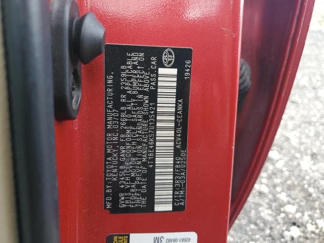 4T1BE46K57U135421 - 2007 TOYOTA CAMRY CE RED photo 12