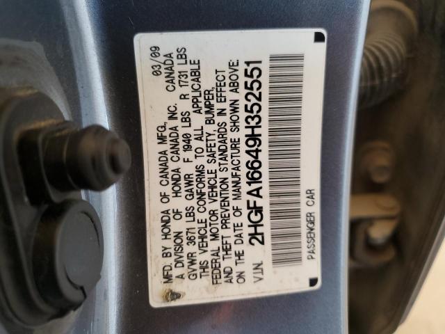 2HGFA16649H352551 - 2009 HONDA CIVIC LX-S ნაცრისფერი ფოტო 13