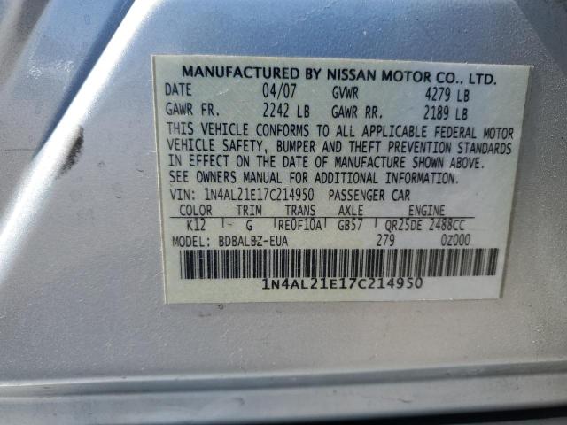 1N4AL21E17C214950 - 2007 NISSAN ALTIMA 2.5 SILVER photo 12