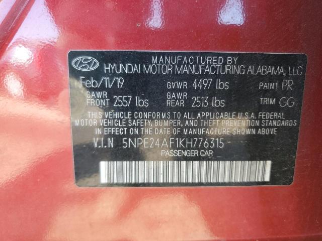 5NPE24AF1KH776315 - 2019 HYUNDAI SONATA SE RED photo 12