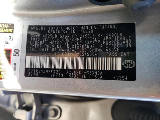 4T1C31AK3MU549664 - 2021 TOYOTA CAMRY LE SILVER photo 12