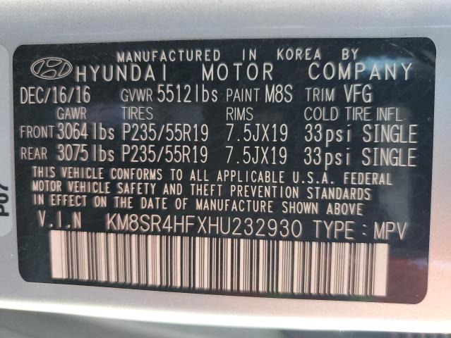 KM8SR4HFXHU232930 - 2017 HYUNDAI SANTA FE SE ULTIMATE SILVER photo 13