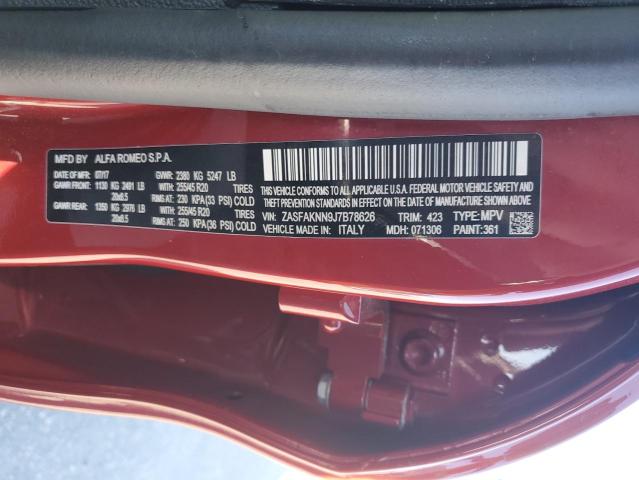 ZASFAKNN9J7B78626 - 2018 ALFA ROMEO STELVIO TI SPORT RED photo 12