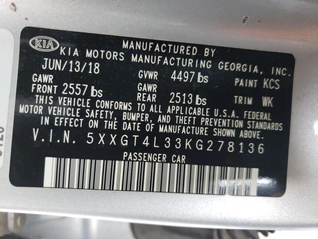 5XXGT4L33KG278136 - 2019 KIA OPTIMA LX SILVER photo 12