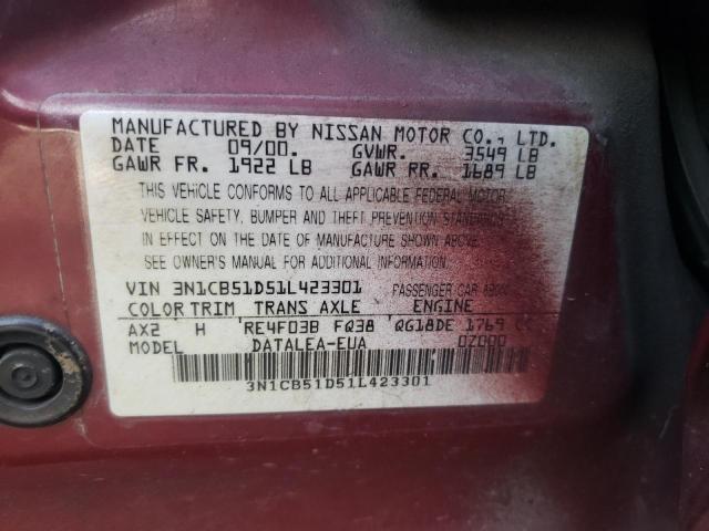 3N1CB51D51L423301 - 2001 NISSAN SENTRA XE RED photo 12