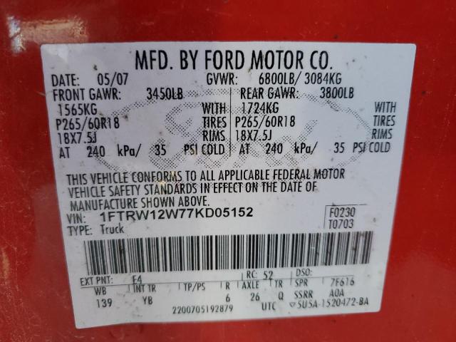 1FTRW12W77KD05152 - 2007 FORD F150 SUPERCREW RED photo 12