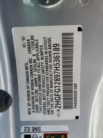 2HGFG12897H536189 - 2007 HONDA CIVIC EX SILVER photo 12