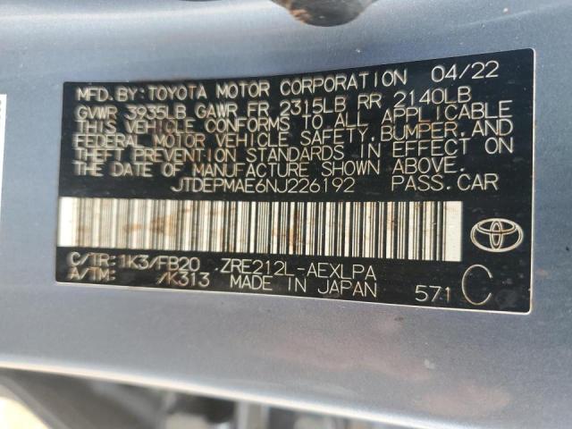 JTDEPMAE6NJ226192 - 2022 TOYOTA COROLLA LE BLUE photo 12