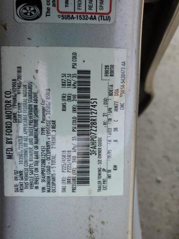 3FAHP07Z28R127451 - 2008 FORD FUSION SE SILVER photo 12