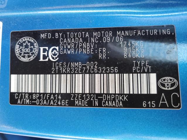 2T1KR32E77C632356 - 2007 TOYOTA COROLLA MA XR BLUE photo 12