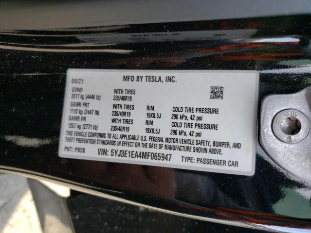 5YJ3E1EA4MF065947 - 2021 TESLA MODEL 3 BLACK photo 12