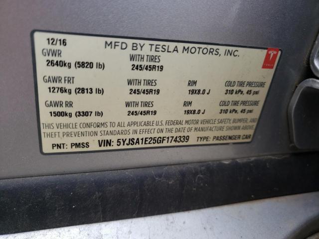 5YJSA1E25GF174339 - 2016 TESLA MODEL S Сріблястий фото 12