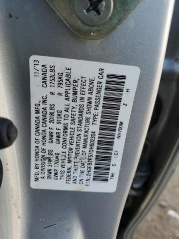 2HGFB2F57DH602304 - 2013 HONDA CIVIC LX SILVER photo 12