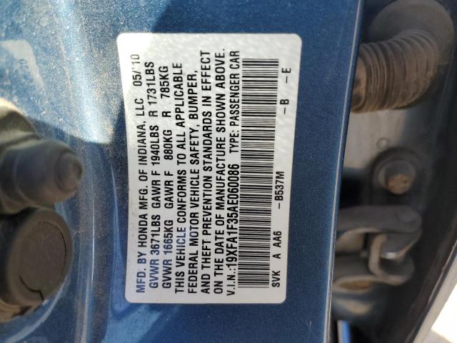 19XFA1F35AE060086 - 2010 HONDA CIVIC VP BLUE photo 13