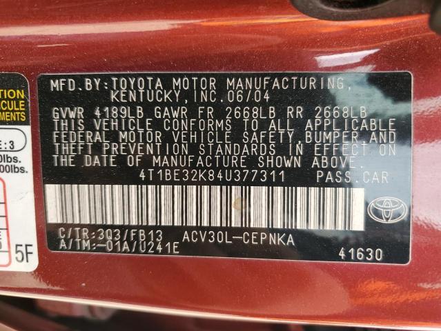 4T1BE32K84U377311 - 2004 TOYOTA CAMRY LE MAROON photo 12