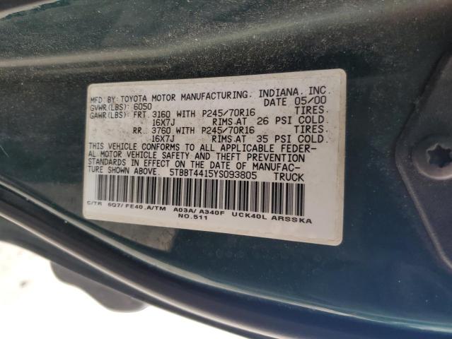 5TBBT4415YS093805 - 2000 TOYOTA TUNDRA ACCESS CAB მწვანე ფოტო 13