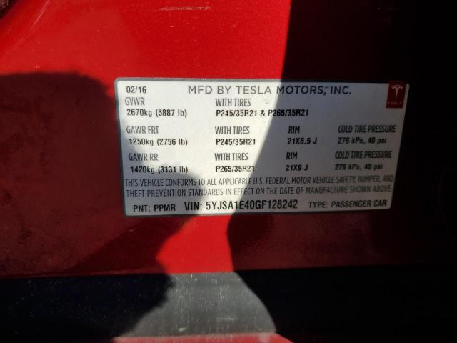 5YJSA1E40GF128242 - 2016 TESLA MODEL S RED photo 12