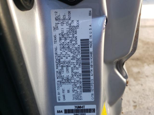 5TFTX4CN0CX019182 - 2012 TOYOTA TACOMA ACCESS CAB ვერცხლისფერი ფოტო 10