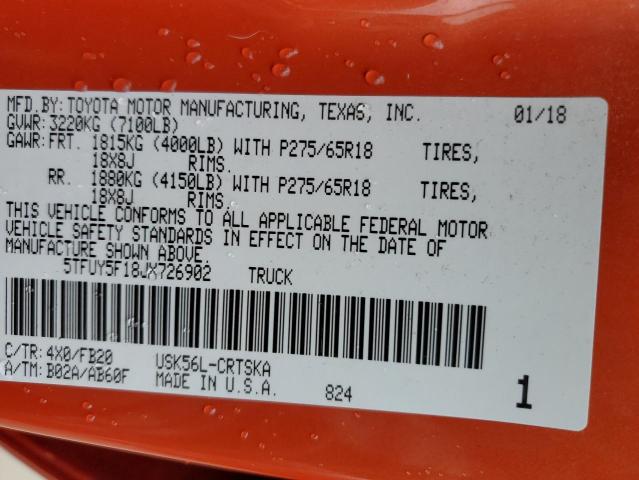 5TFUY5F18JX726902 - 2018 TOYOTA TUNDRA DOUBLE CAB SR/SR5 ORANGE photo 12