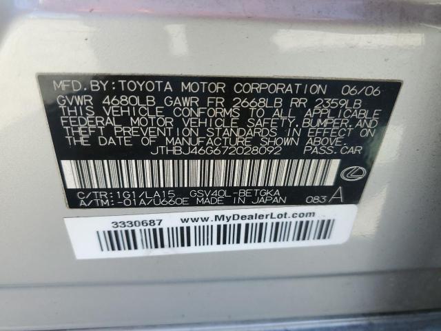 JTHBJ46G672028092 - 2007 LEXUS ES 350 SILVER photo 13