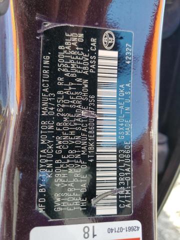 4T1BK1EB6DU037356 - 2013 TOYOTA AVALON BASE 勃艮第红 照片 12