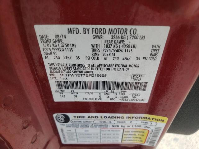 1FTFW1ET7EFD10605 - 2014 FORD F150 SUPERCREW MAROON photo 12