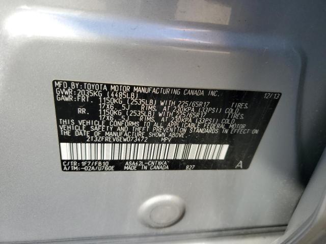 2T3ZFREV6EW073472 - 2014 TOYOTA RAV4 LE SILVER photo 13