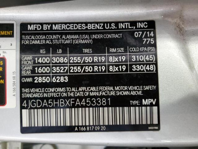 4JGDA5HBXFA453381 - 2015 MERCEDES-BENZ ML 350 4MATIC SILVER photo 13