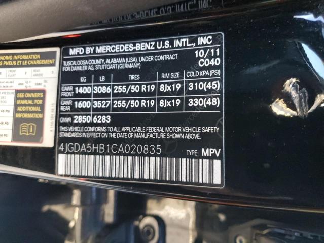 4JGDA5HB1CA020835 - 2012 MERCEDES-BENZ ML 350 4MATIC BLACK photo 14