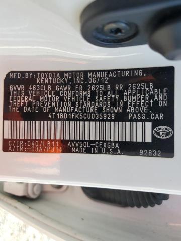 4T1BD1FK5CU035928 - 2012 TOYOTA CAMRY HYBRID WHITE photo 13