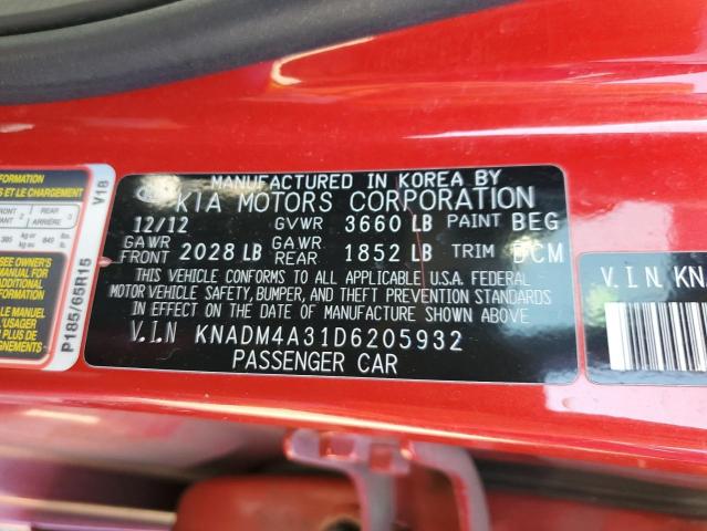 KNADM4A31D6205932 - 2013 KIA RIO LX RED photo 12