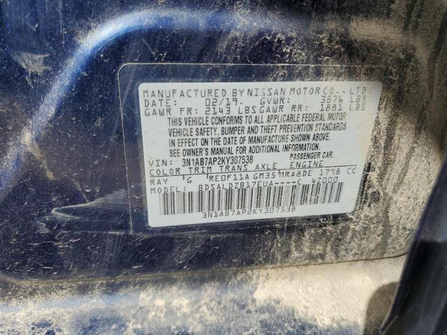 3N1AB7AP2KY307538 - 2019 NISSAN SENTRA S BLUE photo 12