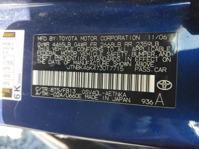 JTNBK46K473017715 - 2007 TOYOTA CAMRY LE BLUE photo 12