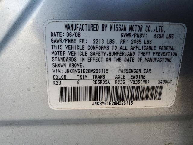 JNKBV61E28M226115 - 2008 INFINITI G35 SILVER photo 12