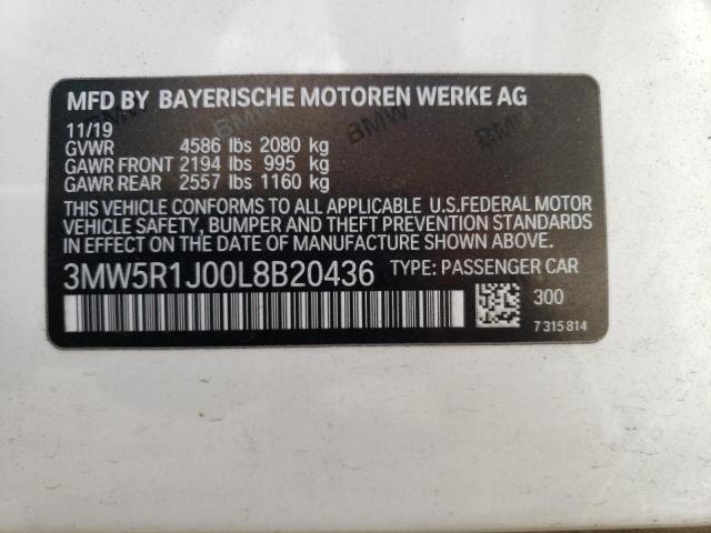 3MW5R1J00L8B20436 - 2020 BMW 330I WHITE photo 12