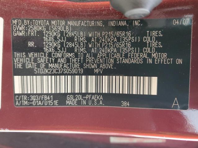 5TDZK23C37S059019 - 2007 TOYOTA SIENNA CE RED photo 13