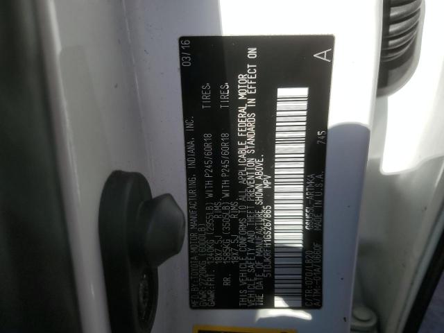 5TDJKRFH1GS267865 - 2016 TOYOTA HIGHLANDER XLE WHITE photo 13