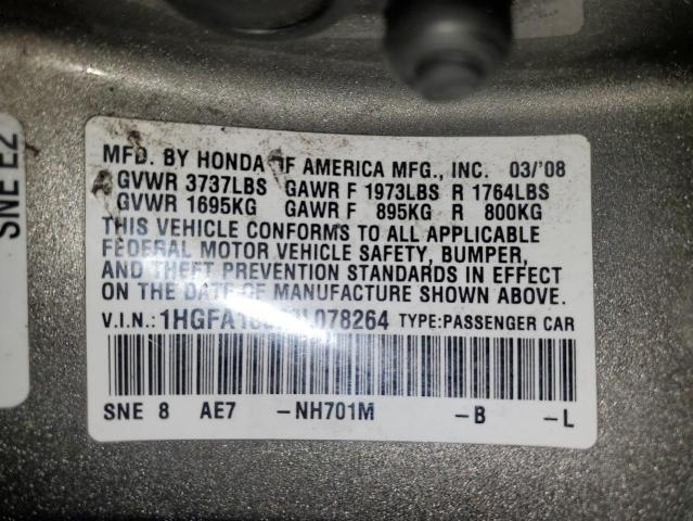 1HGFA16968L078264 - 2008 HONDA CIVIC EXL GRAY photo 12