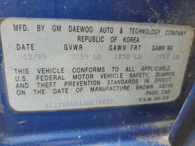 KL1TD56646B617027 - 2006 CHEVROLET AVEO BASE Mavi foto 12