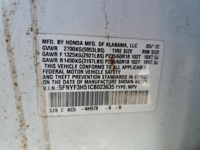 5FNYF3H51CB023635 - 2012 HONDA PILOT EXL WHITE photo 13