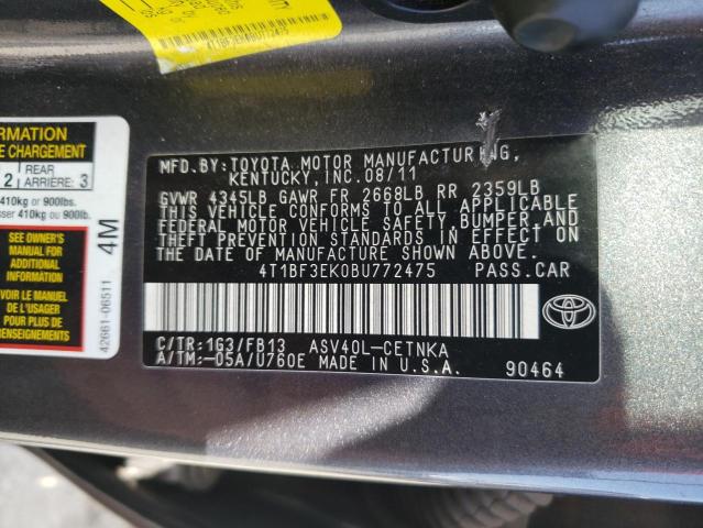 4T1BF3EK0BU772475 - 2011 TOYOTA CAMRY BASE GRAY photo 12