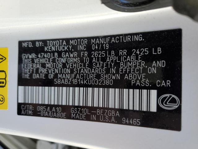 58ABZ1B14KU032380 - 2019 LEXUS ES 350 WHITE photo 12