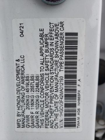 1HGCV3F42MA012193 - 2021 HONDA ACCORD HYBRID EX WHITE photo 13