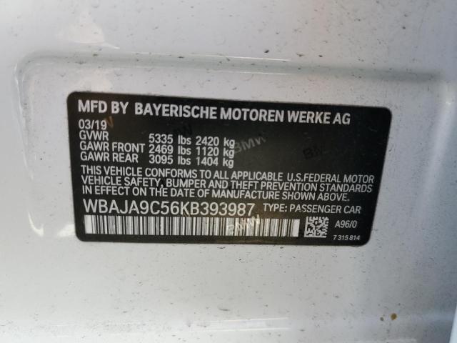 WBAJA9C56KB393987 - 2019 BMW 530E WHITE photo 12