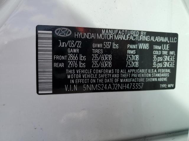 5NMS24AJ2NH473357 - 2022 HYUNDAI SANTA FE SEL WHITE photo 12