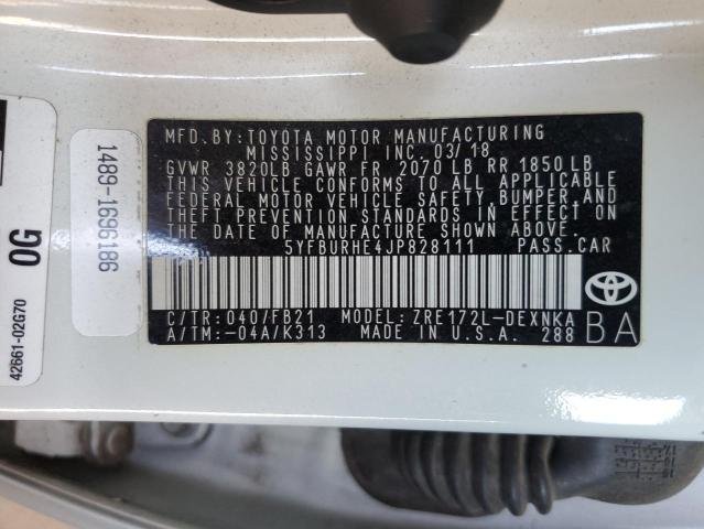 5YFBURHE4JP828111 - 2018 TOYOTA COROLLA L WHITE photo 12