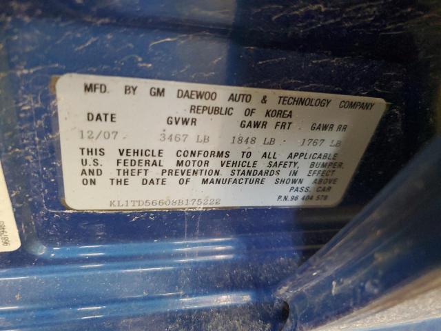 KL1TD56608B175222 - 2008 CHEVROLET AVEO BASE 蓝色 照片 12